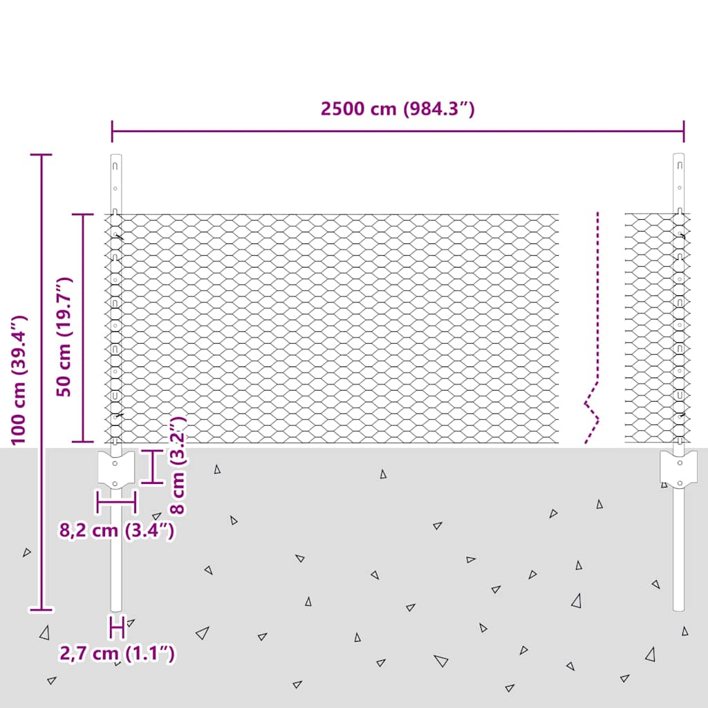 vidaXL Zaun mit Pfosten Silber 0,5 x 25 m Stahl