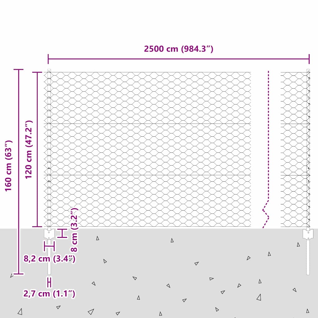 vidaXL Zaun mit Pfosten Silber 1,2 x 25 m Stahl