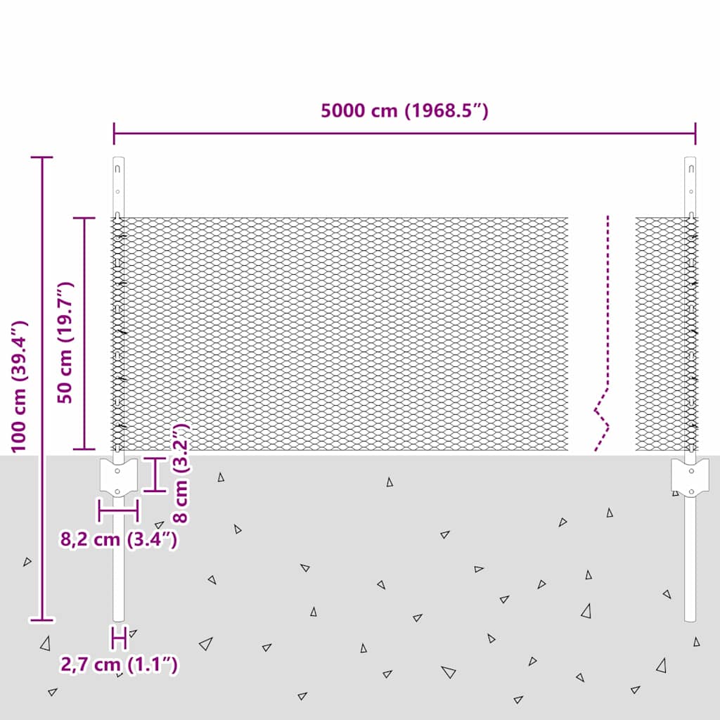 vidaXL Zaun mit Pfosten Silber 0,5 x 50 m Stahl