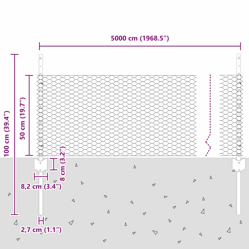 vidaXL Zaun mit Pfosten Silber 0,5 x 50 m Stahl
