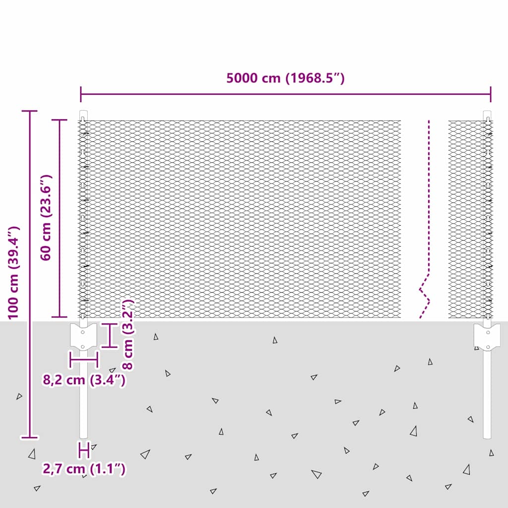 Zaun mit Pfosten Silber 0,6 x 50 m Stahl