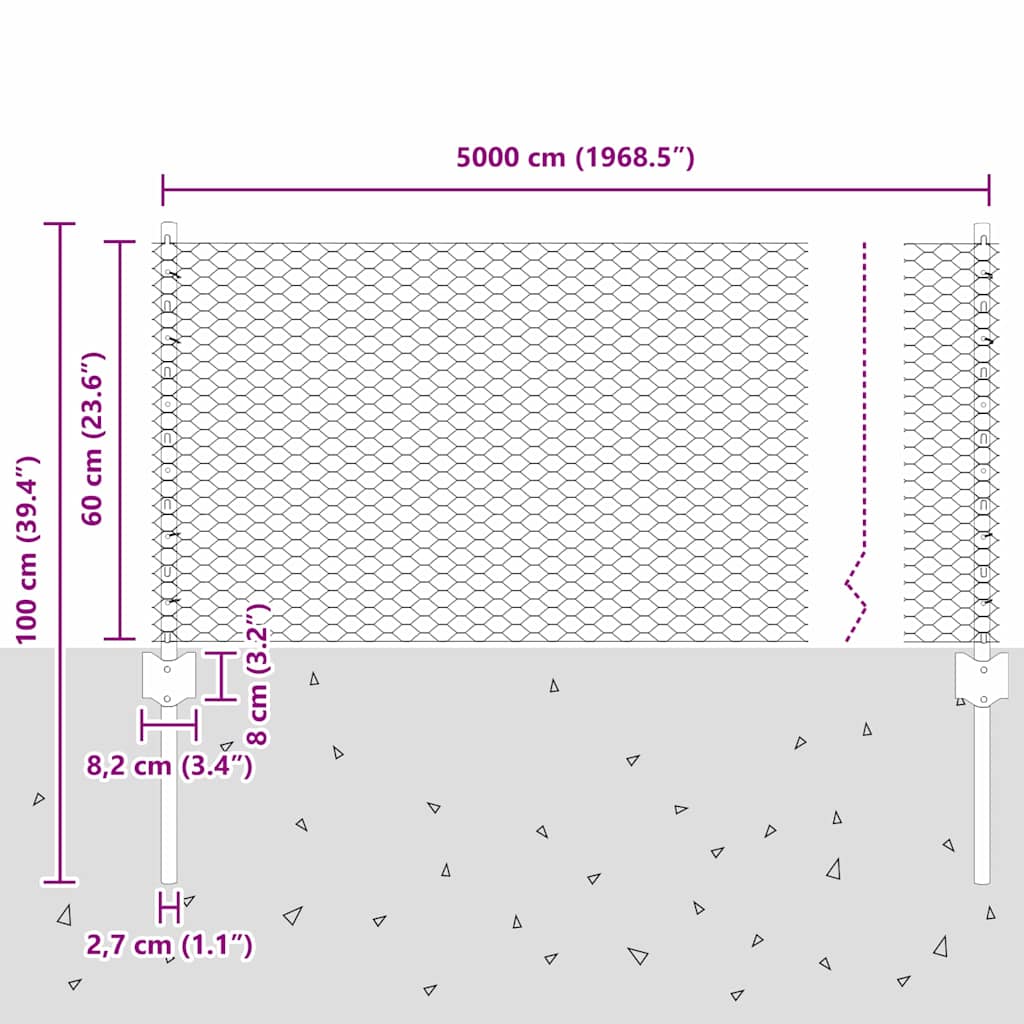 vidaXL Clôture avec poteaux argentée 0,6 x 50 m Acier