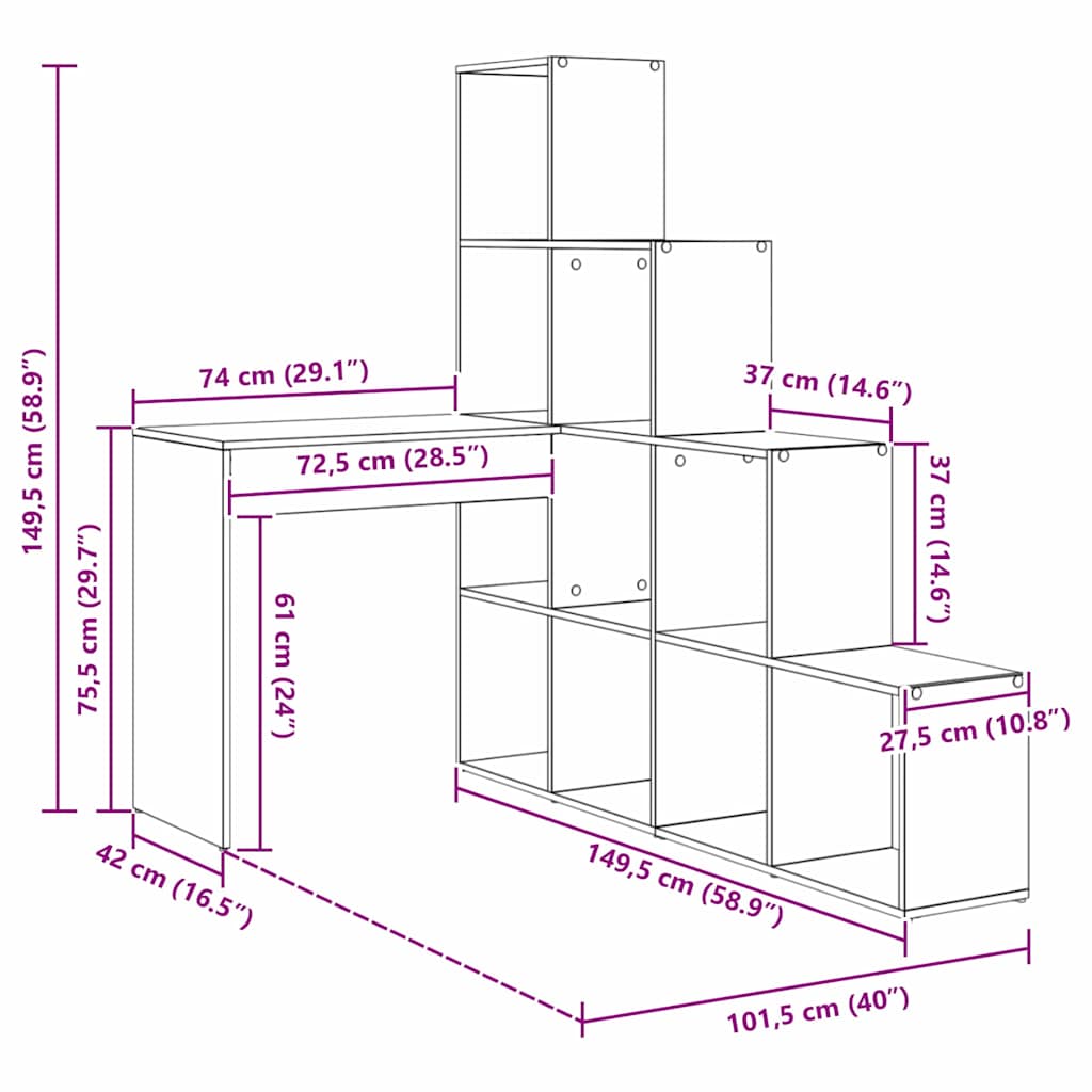 vidaXL Bureau d'angle avec étagère Gris béton 101,5 x 149,5 x 149,5 cm