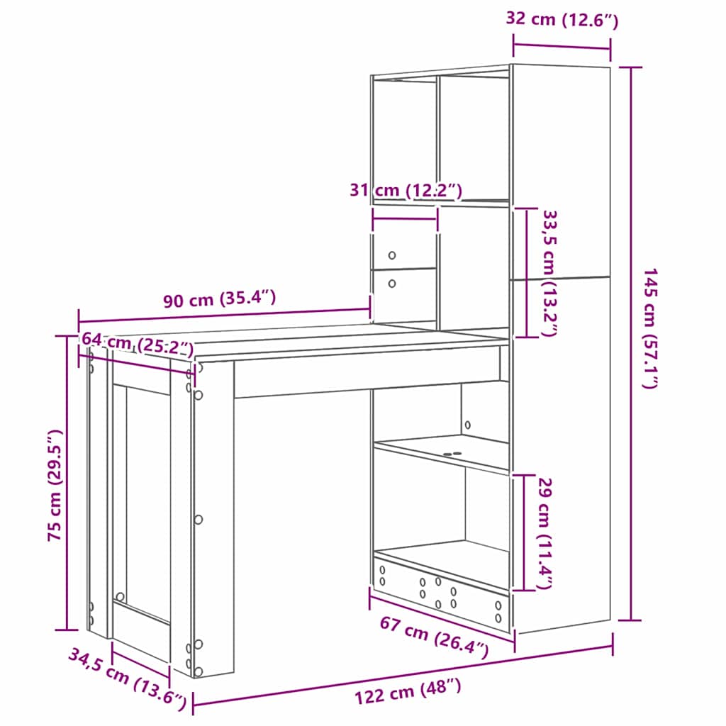vidaXL Bureau gris sonoma 122 x 67 x 145 cm Bois d'ingénierie