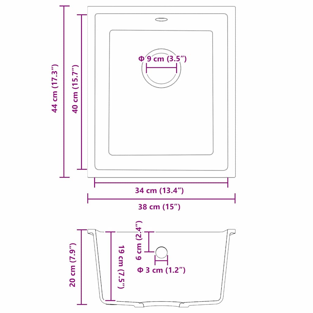 Küchenspüle Schwarz 38 x 44 x 20 cm Granit