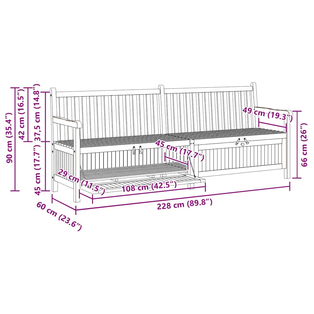 vidaXL Bank mit Speicher Braun 228 x 60 x 90 cm Massivholz Teak