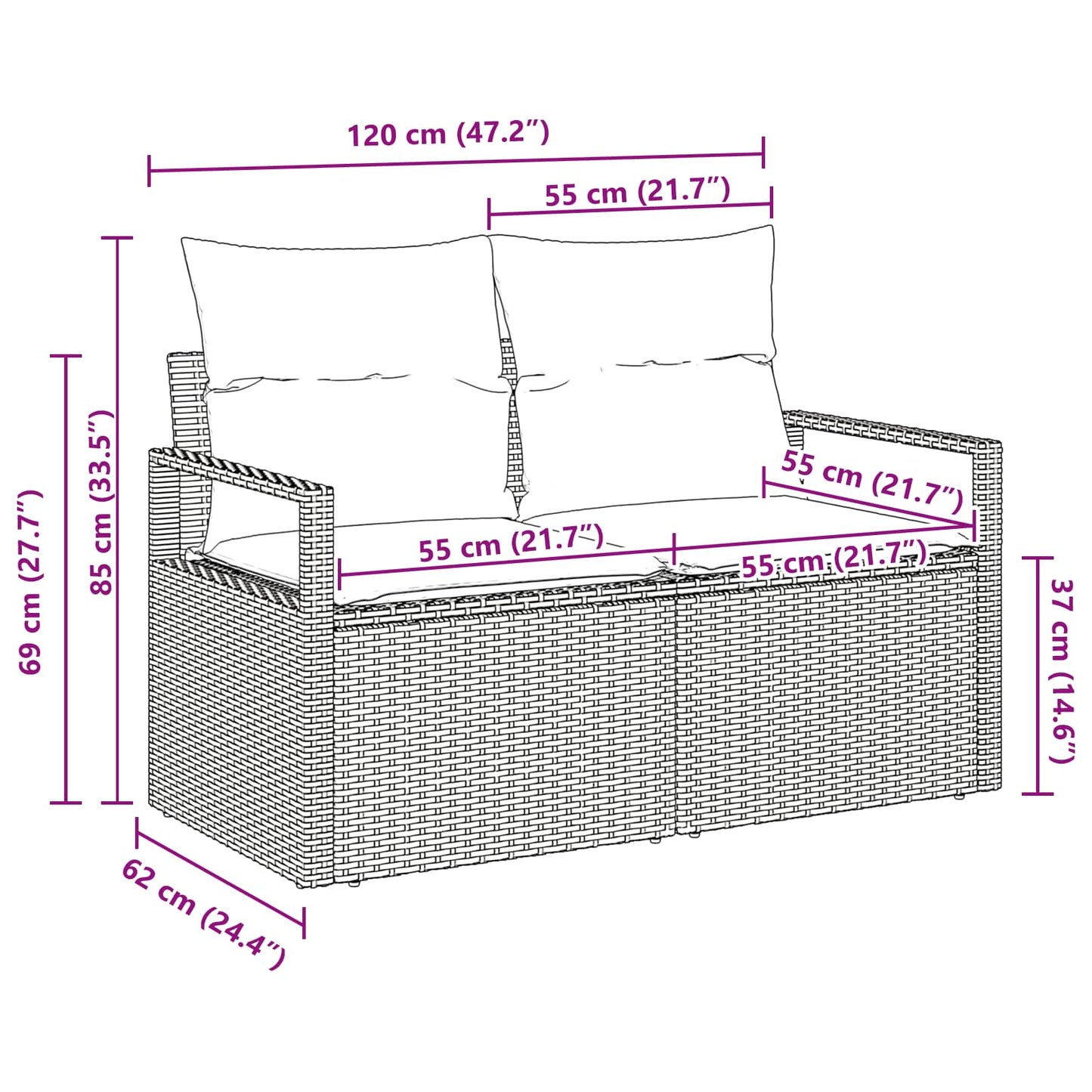 Garten-Sofa mit Kissen 120 x 62 x 69 cm Poly-Rattan