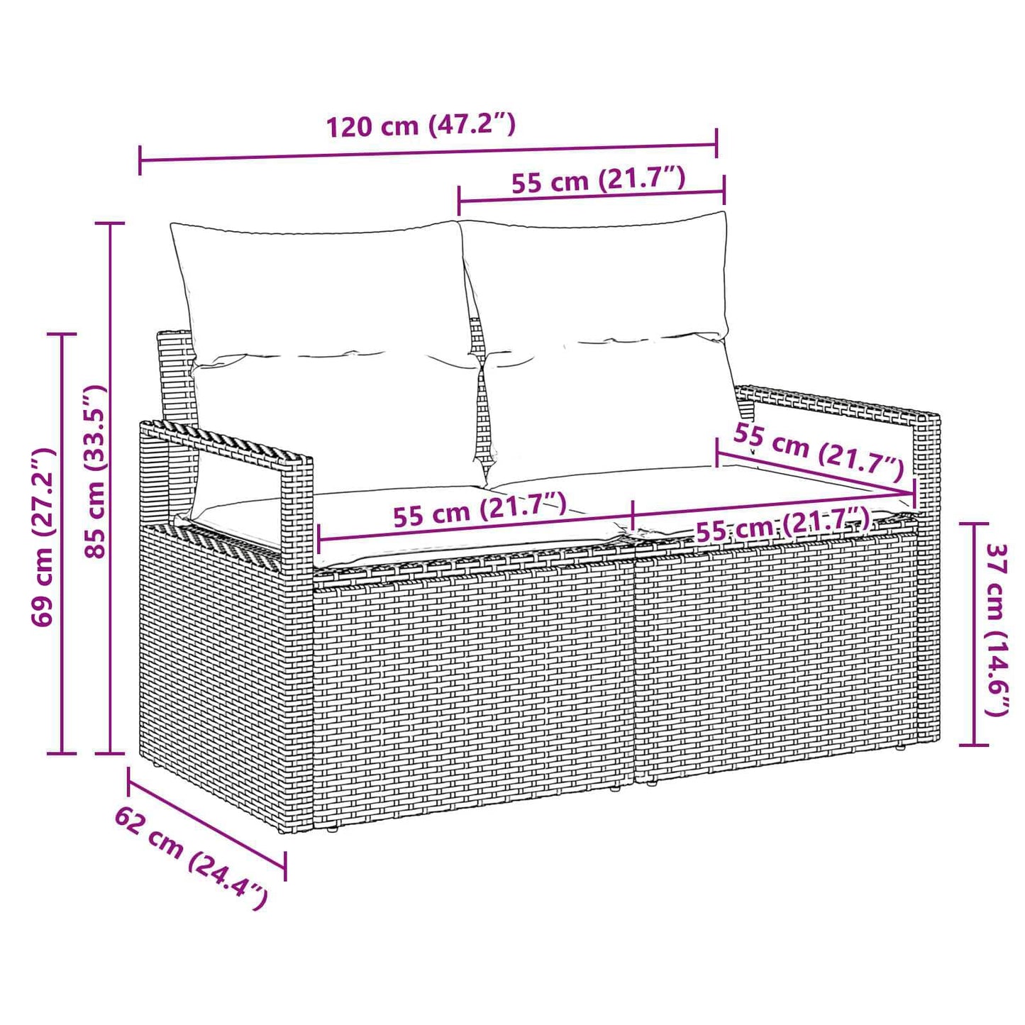 Garten-Sofa mit Kissen 120 x 62 x 69 cm Poly-Rattan