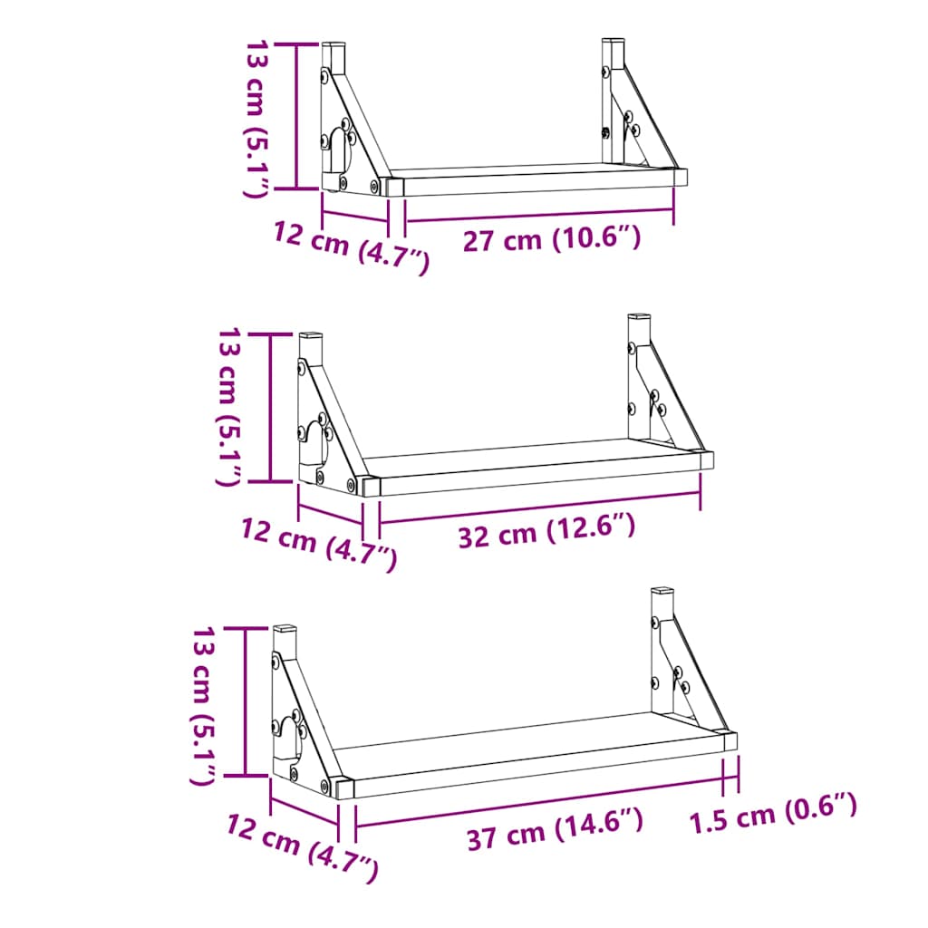 Wandregal Wandmontiert mit Speicher 3 pcs Schwarz Eichen-Optik