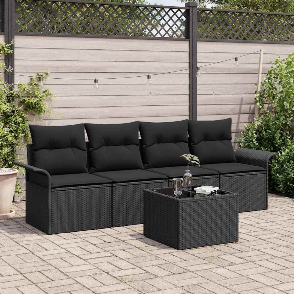Sofa Set mit Kissen 5 pcs Schwarz Poly-Rattan