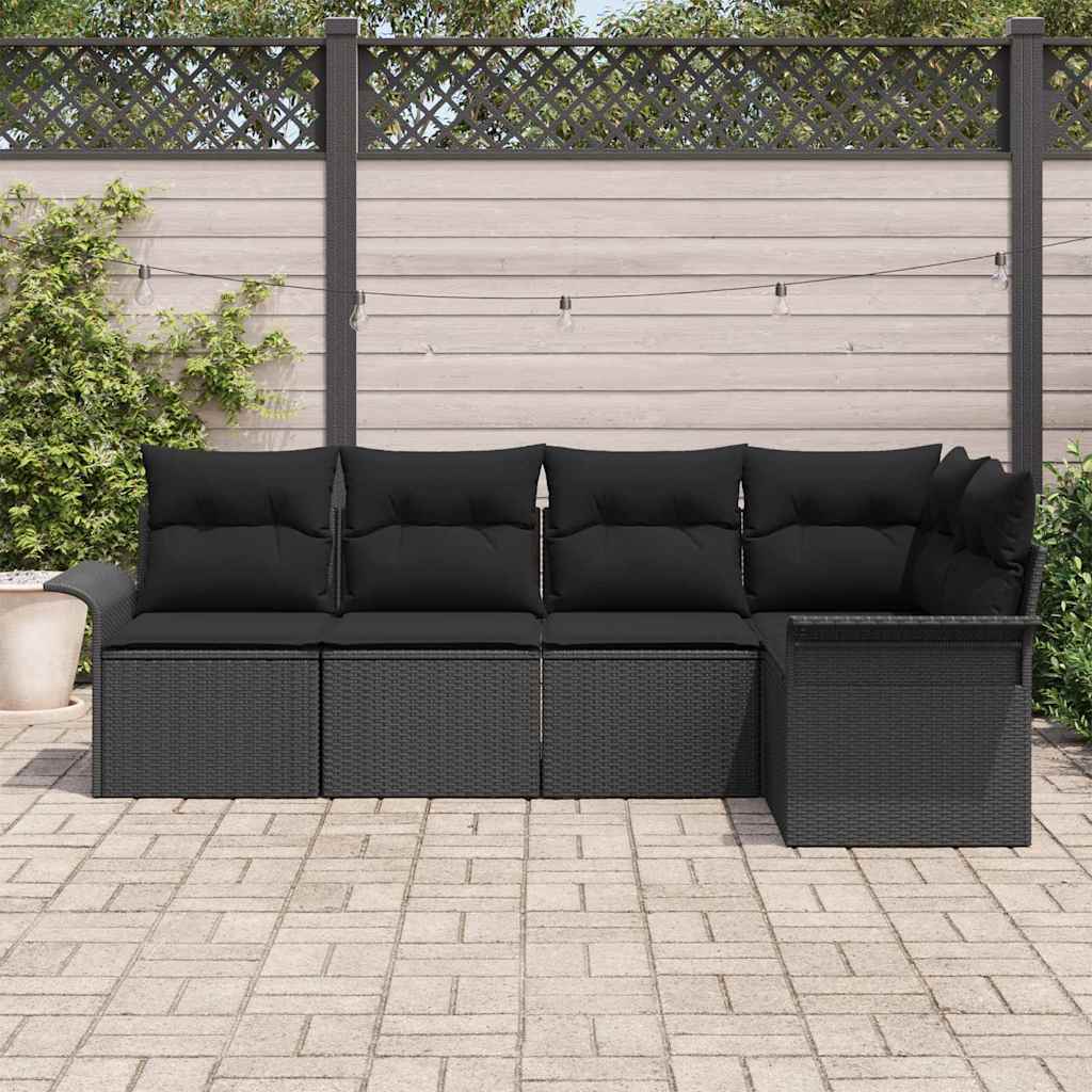 Gartensofa-set mit Kissen 5 pcs Schwarz Poly-Rattan