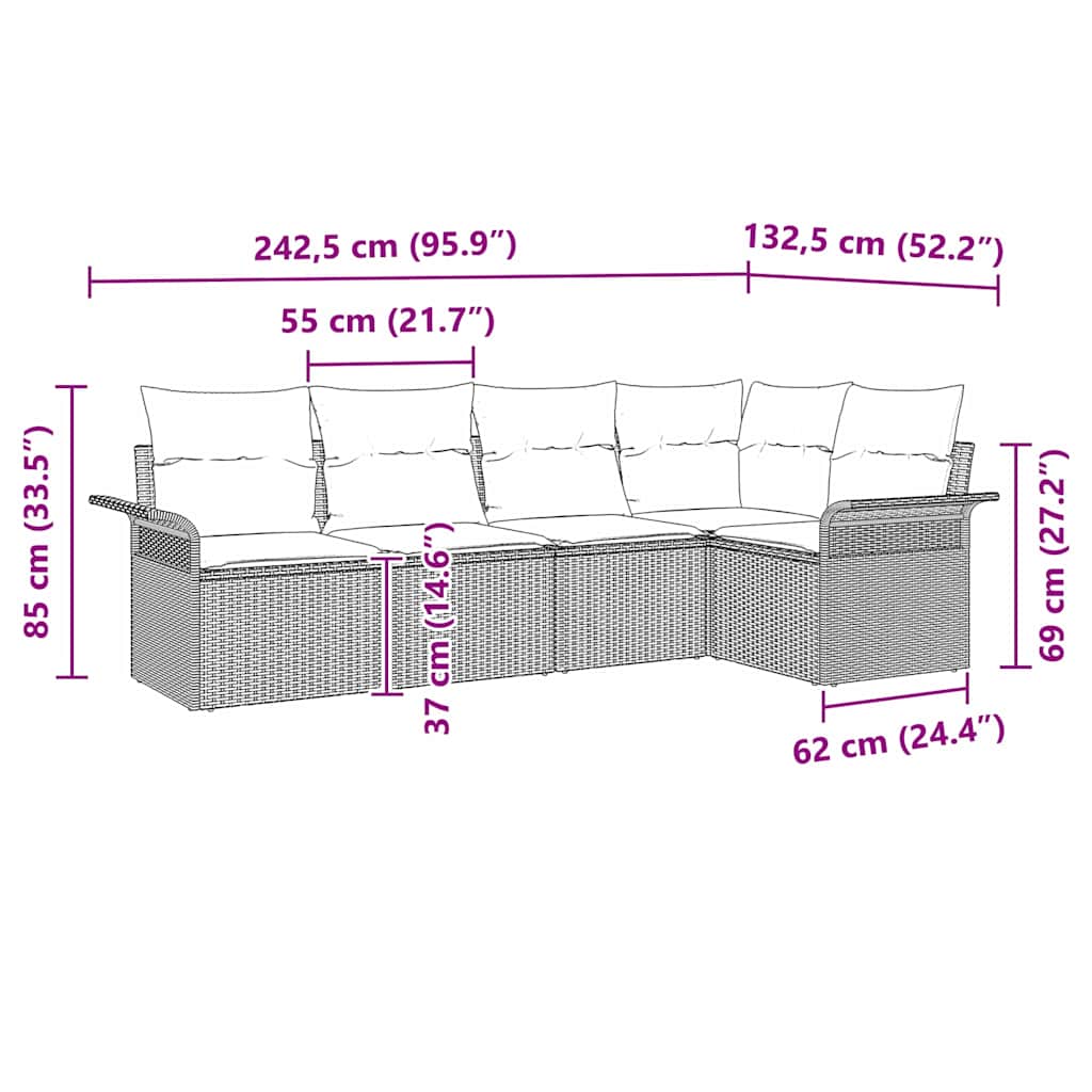 Gartensofa-set mit Kissen 5 pcs Schwarz Poly-Rattan