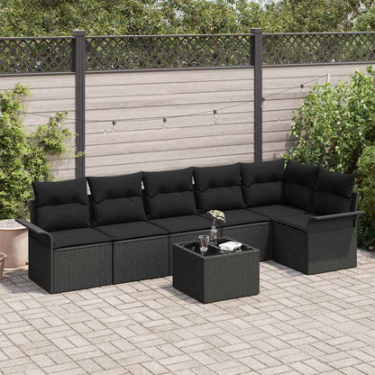 Gartensofa-set mit Kissen 7 pcs Schwarz Poly-Rattan