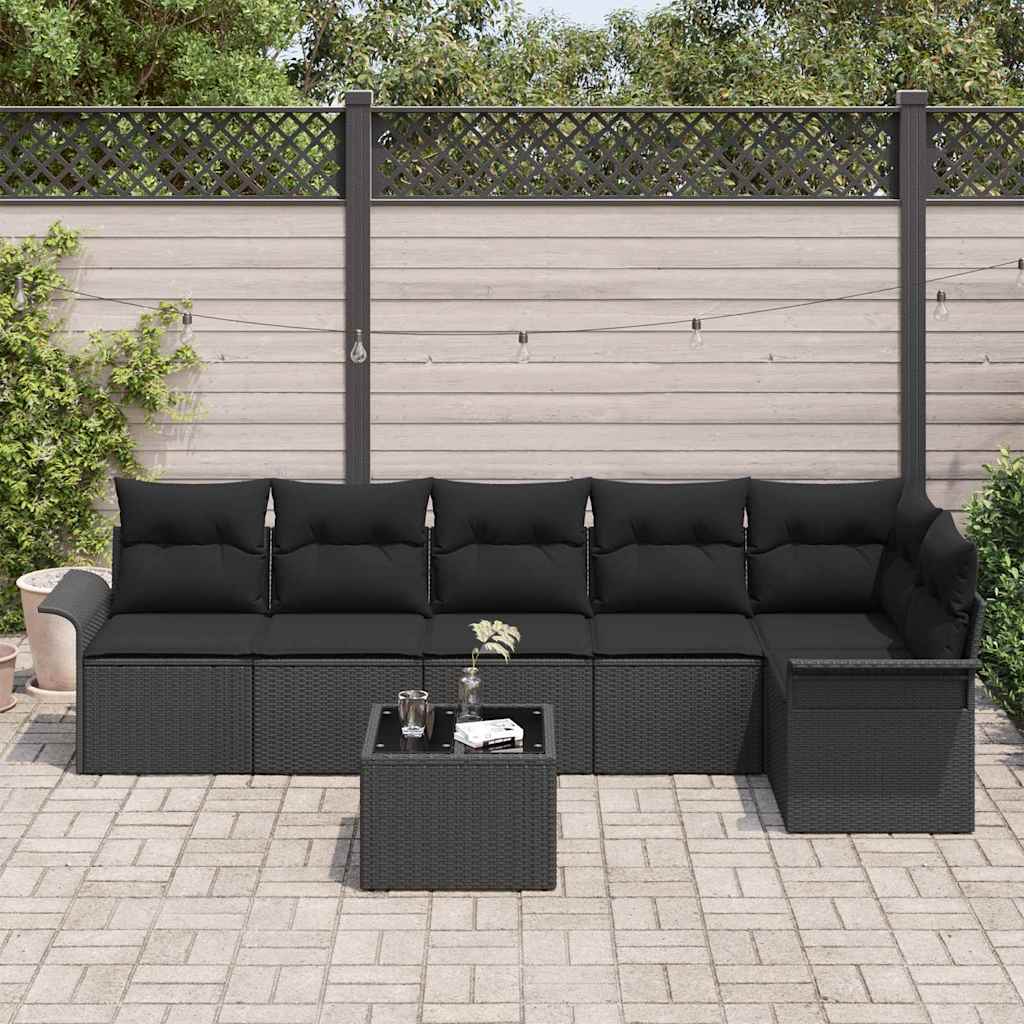 Gartensofa-set mit Kissen 7 pcs Schwarz Poly-Rattan