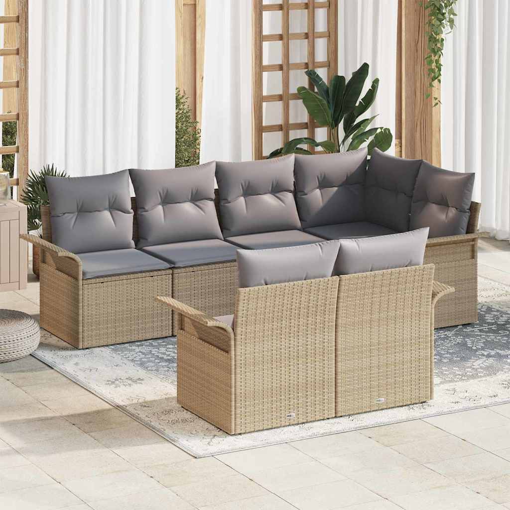 Gartensofa-set mit Kissen 7 pcs Beige Poly-Rattan