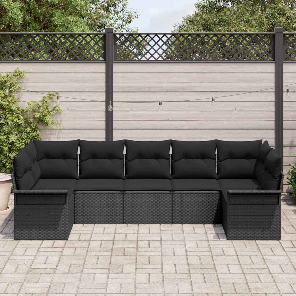 Gartensofa-set mit Kissen 7 pcs Schwarz Poly-Rattan