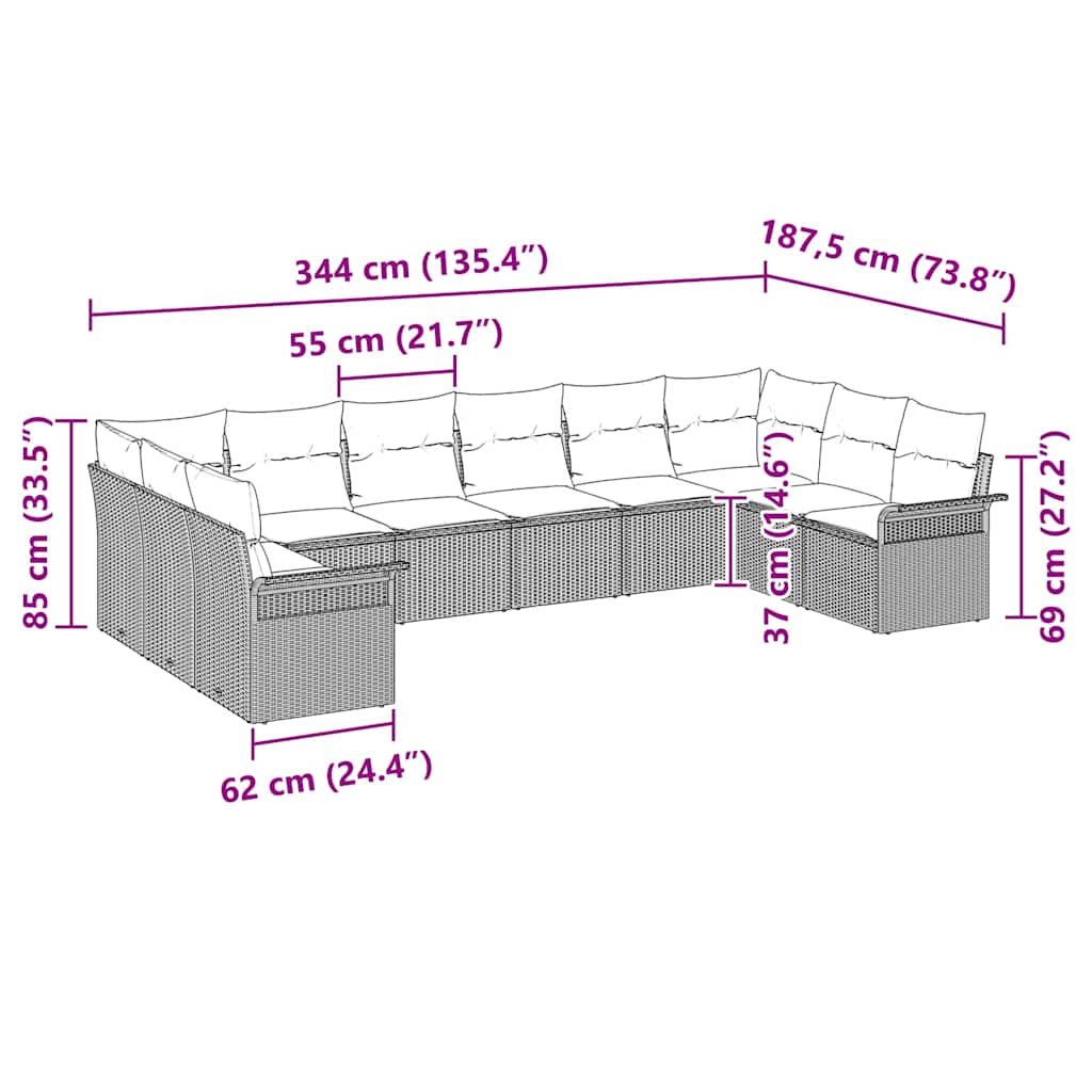 Gartensofa-set mit Kissen 10 pcs Hellgrau Poly-Rattan