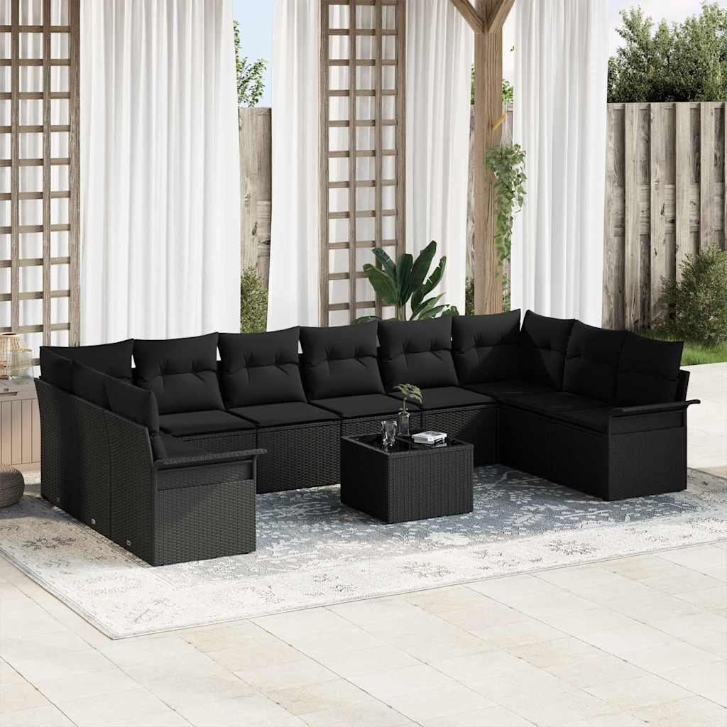 Gartensofa-set mit Kissen 11 pcs Schwarz Poly-Rattan