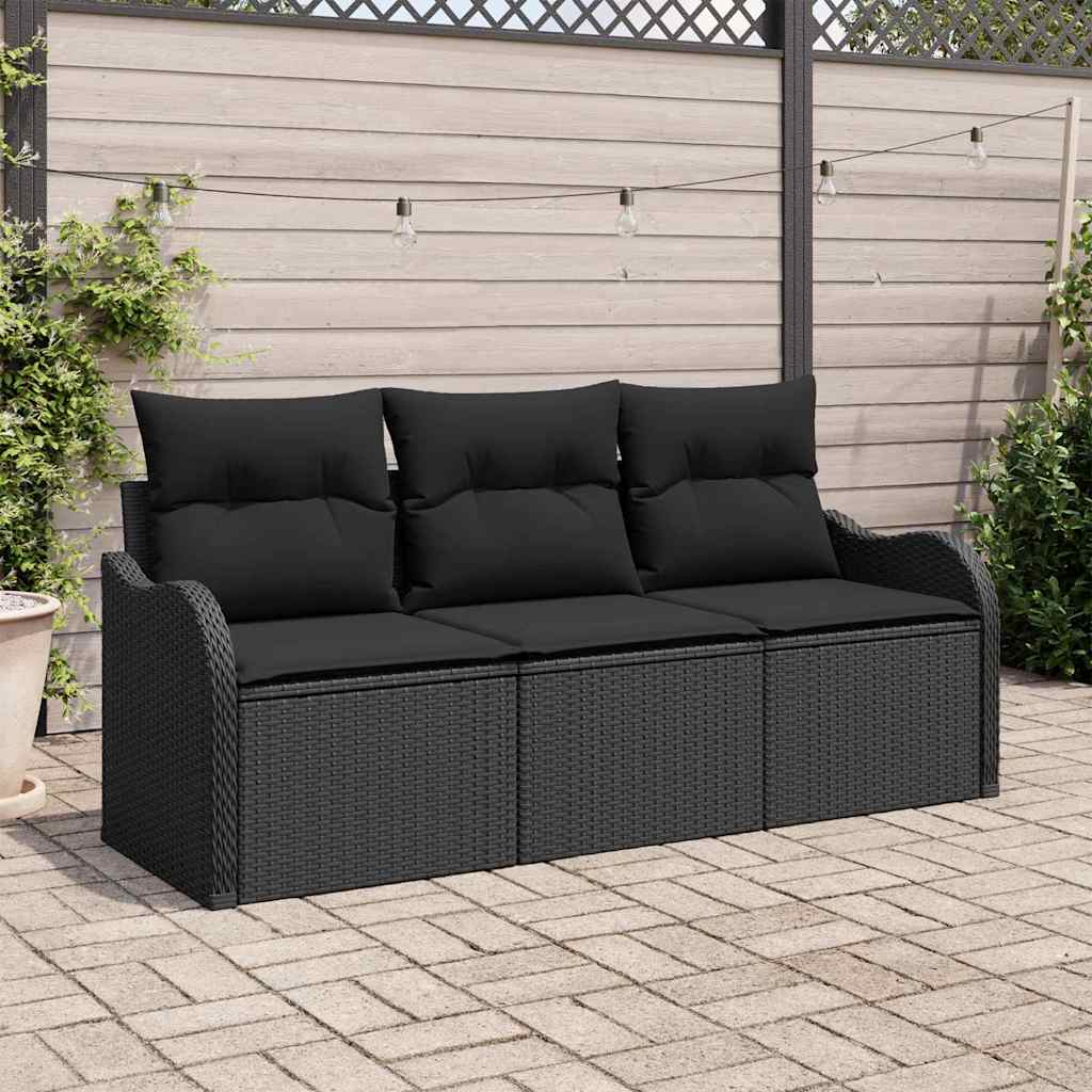 Gartensofa-set mit Kissen 3 pcs Schwarz Poly-Rattan