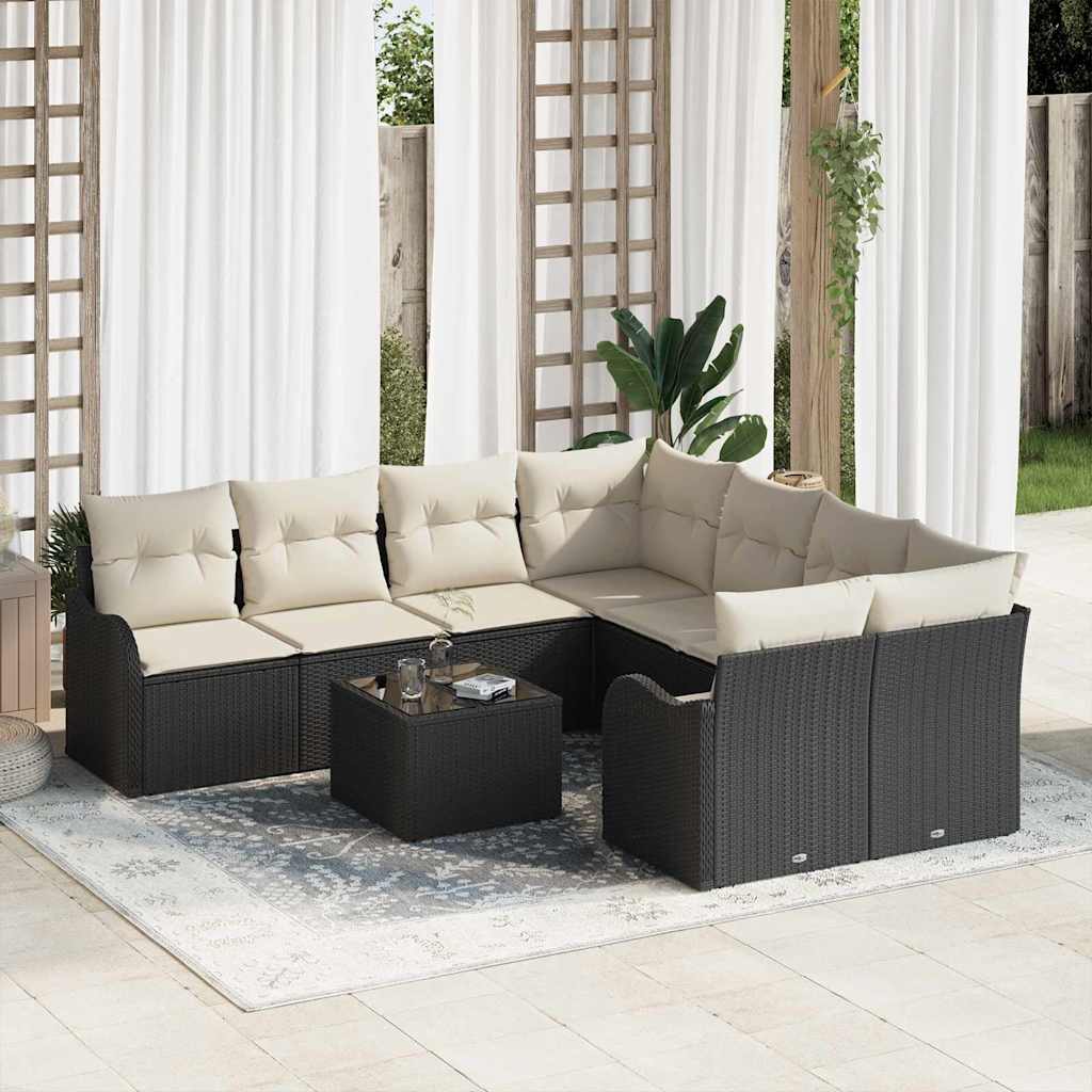 Gartensofa-set mit Kissen 9 pcs Schwarz Poly-Rattan