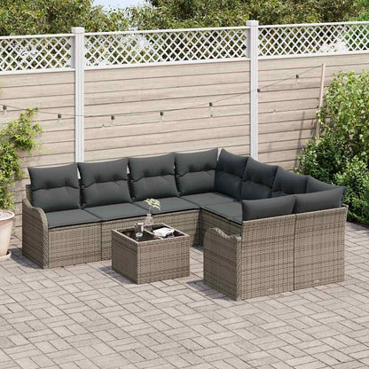 Gartensofa-set mit Kissen mit Speicher 9 pcs Grau Poly-Rattan