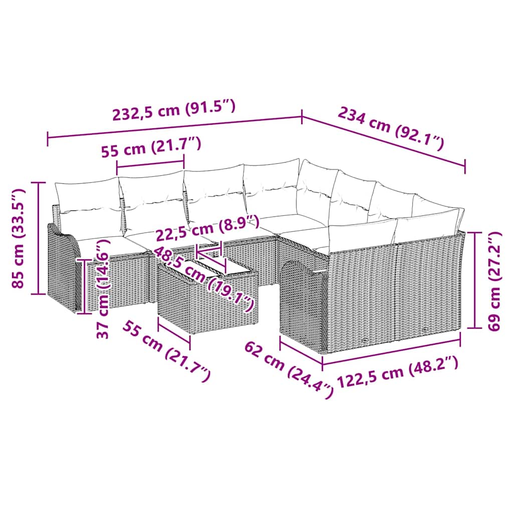 Gartensofa-set mit Kissen mit Speicher 9 pcs Grau Poly-Rattan