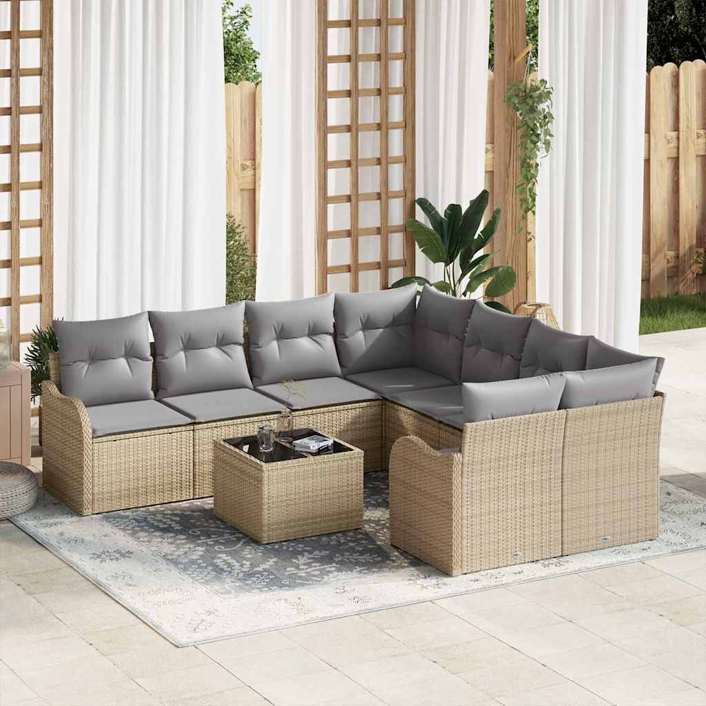 Gartensofa-set mit Kissen mit Speicher 9 pcs Beige Poly-Rattan