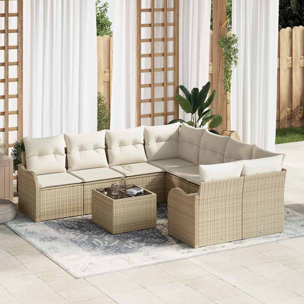 Gartensofa-set mit Kissen mit Speicher 9 pcs Beige Poly-Rattan