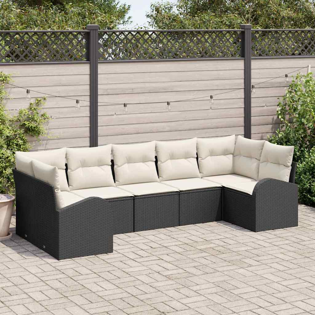 Gartensofa-set mit Kissen 7 pcs Schwarz Poly Rattan