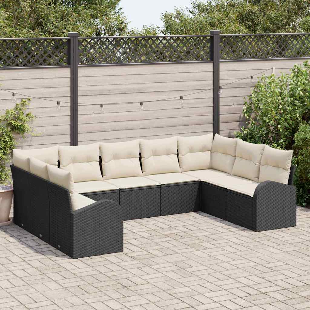 Sofa Set mit Kissen 9 pcs Schwarz Poly Rattan