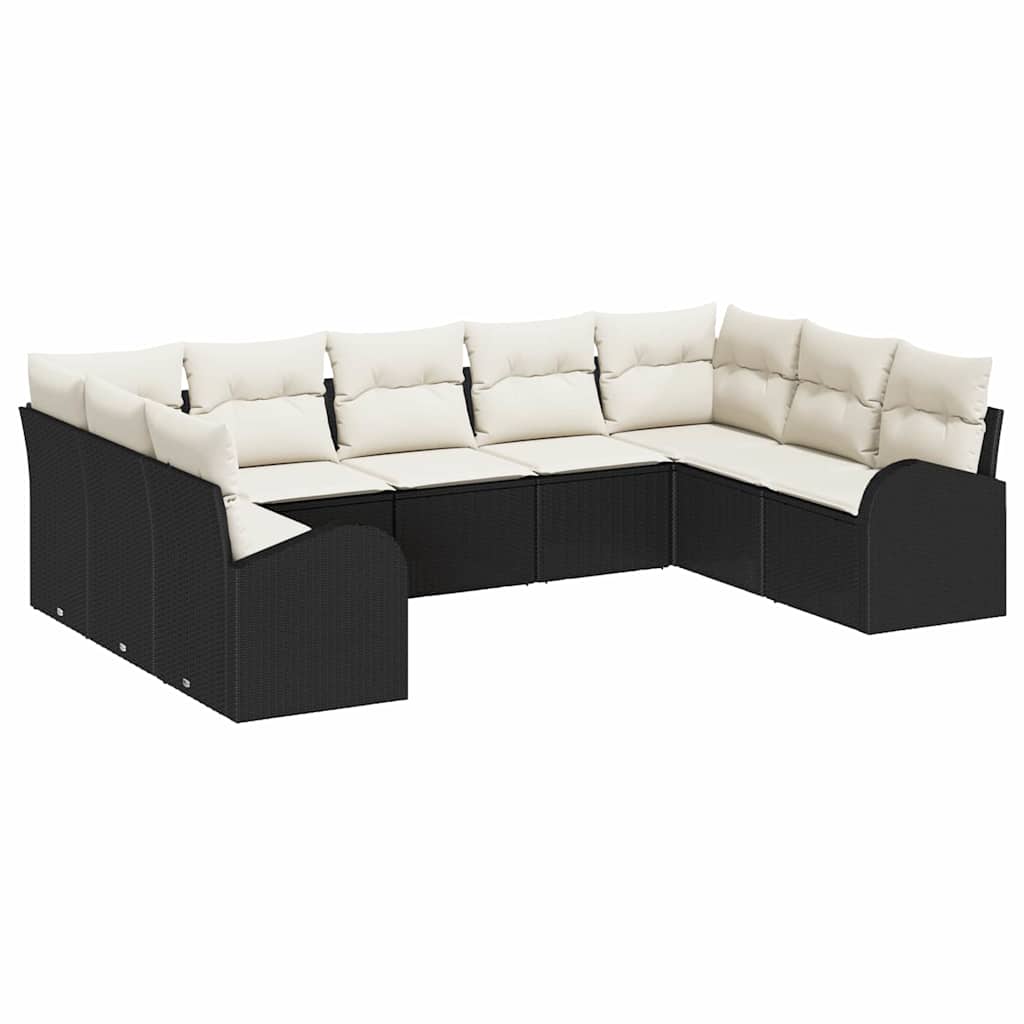 Sofa Set mit Kissen 9 pcs Schwarz Poly Rattan