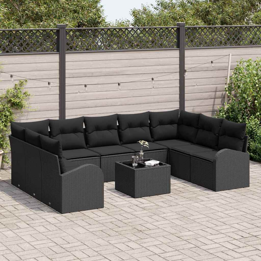 Sofa Set mit Kissen 10 pcs Schwarz Poly Rattan
