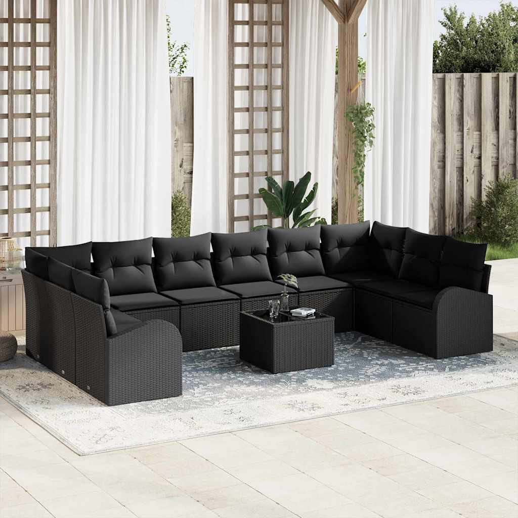 Sofa Set mit Kissen 11 pcs Schwarz Polyrattan