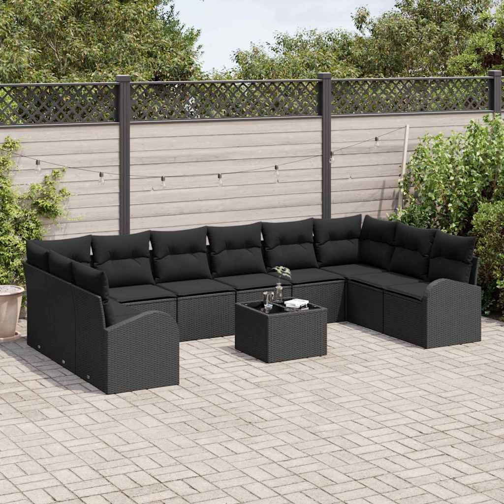 Sofa Set mit Kissen 11 pcs Schwarz Polyrattan