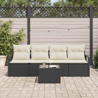 Sofa Set 5 pcs Schwarz und Creme Poly-Rattan