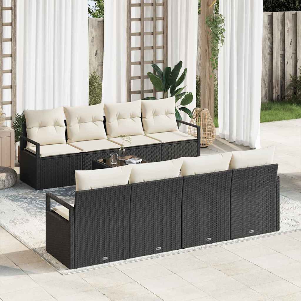 Sofa Set mit Kissen 7 pcs Schwarz und Creme Poly Rattan