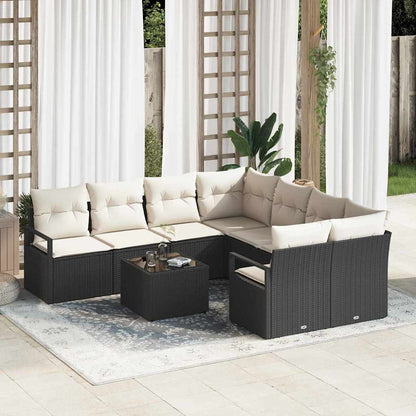 Sofa Set mit Kissen 9 pcs Schwarz und Creme Poly Rattan