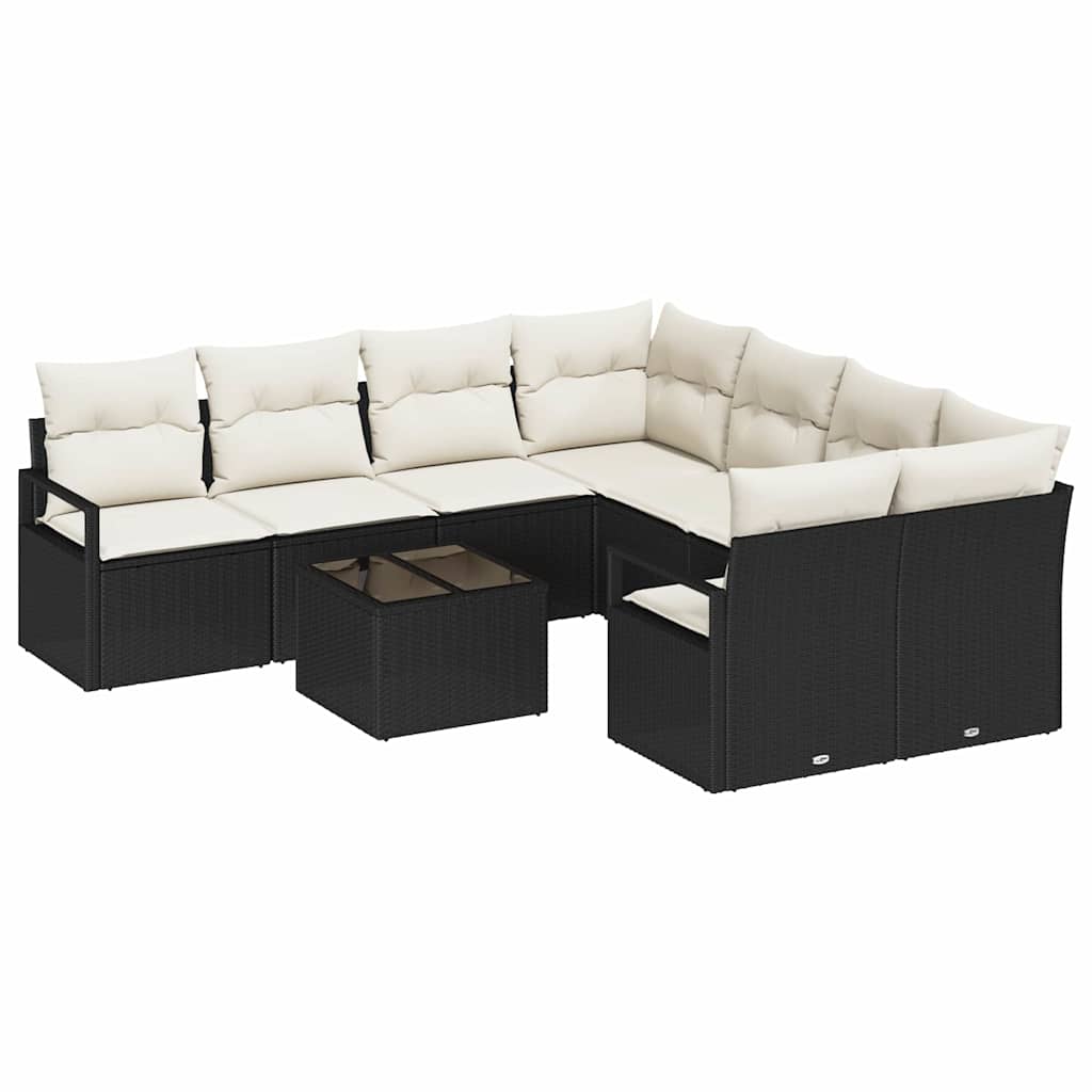 Sofa Set mit Kissen 9 pcs Schwarz und Creme Poly Rattan