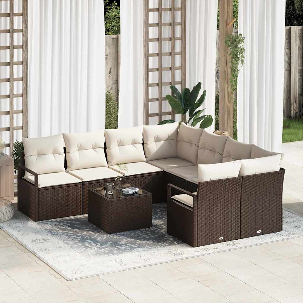 Sofa Set mit Kissen 9 pcs Braun und Creme Poly-Rattan