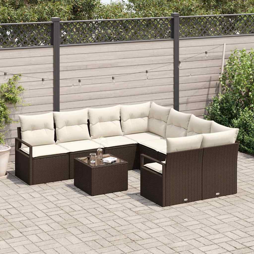 Sofa Set mit Kissen 9 pcs Braun und Creme Poly-Rattan