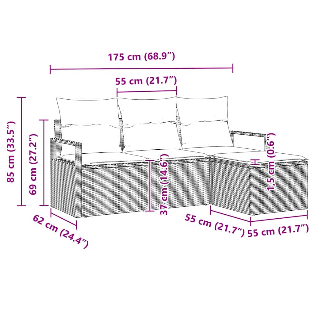 Sofa Set mit Kissen 4 pcs Grau Poly Rattan