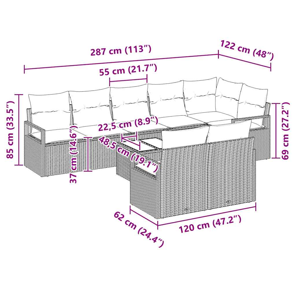 Sofa Set mit Kissen 9 pcs Beige Poly Rattan