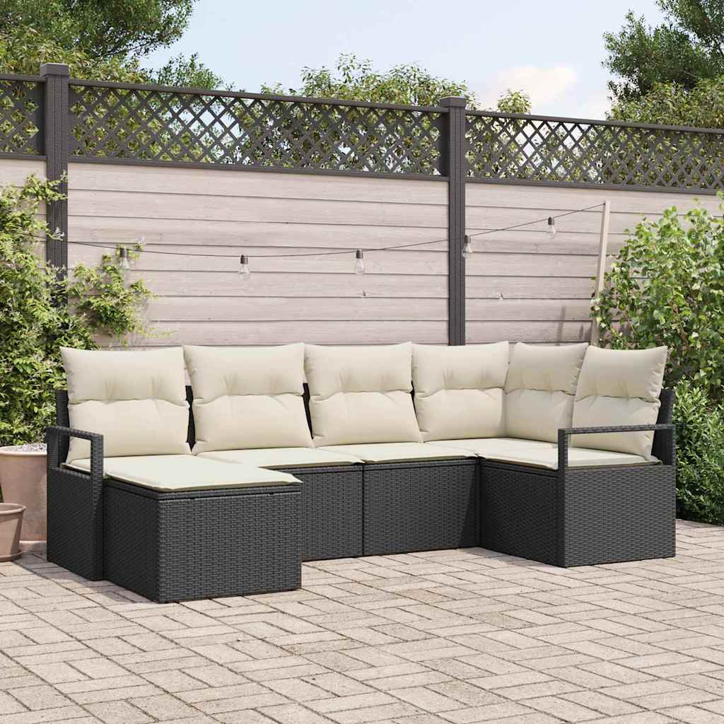 Sofa Set mit Kissen 6 pcs Schwarz Poly Rattan