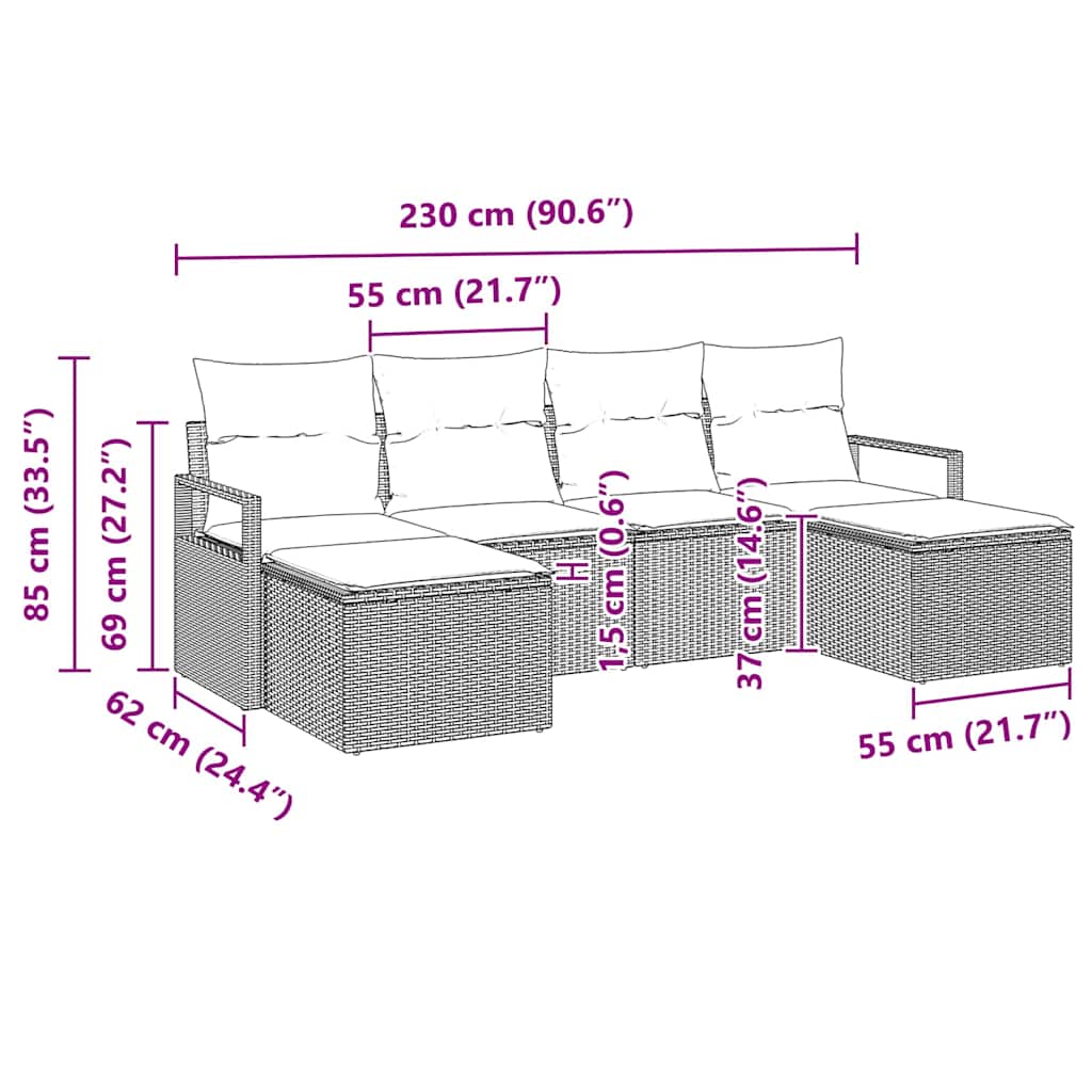 Sofa Set mit Kissen 6 pcs Schwarz Poly Rattan