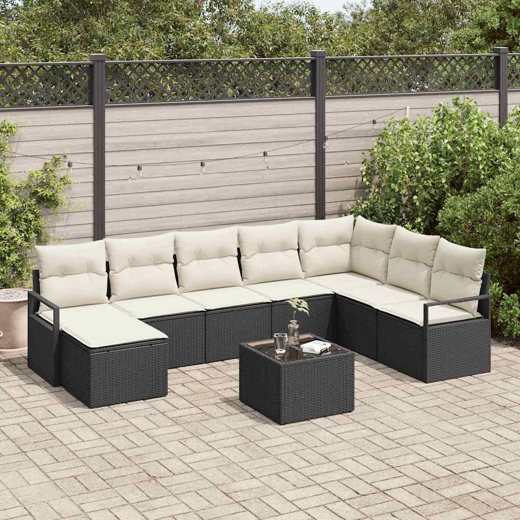 Sofa Set mit Kissen 9 pcs Schwarz Poly Rattan