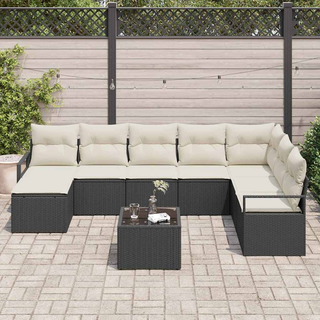 Sofa Set mit Kissen 9 pcs Schwarz Poly Rattan