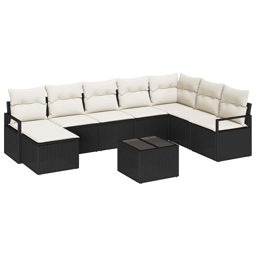 Sofa Set mit Kissen 9 pcs Schwarz Poly Rattan
