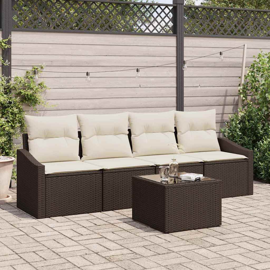 Sofa Set mit Kissen 5 pcs Braun und Creme Poly-Rattan