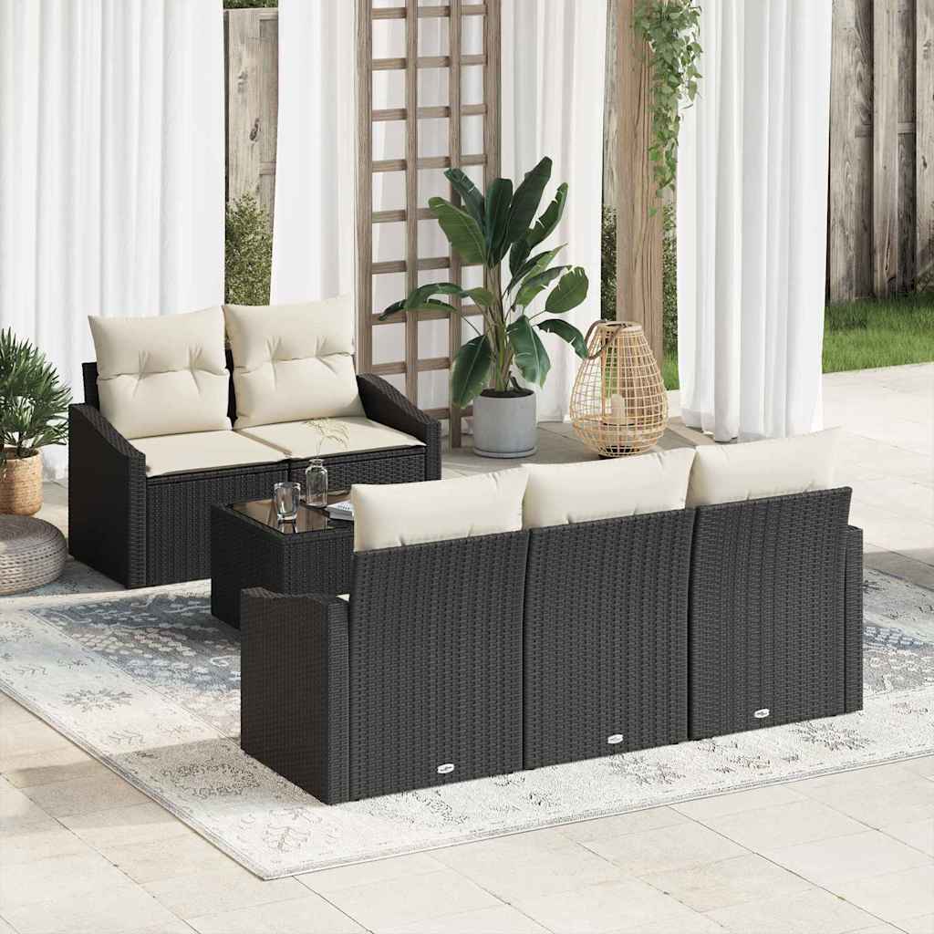 Sofa Set mit Kissen 6 pcs Schwarz und Creme Poly-Rattan