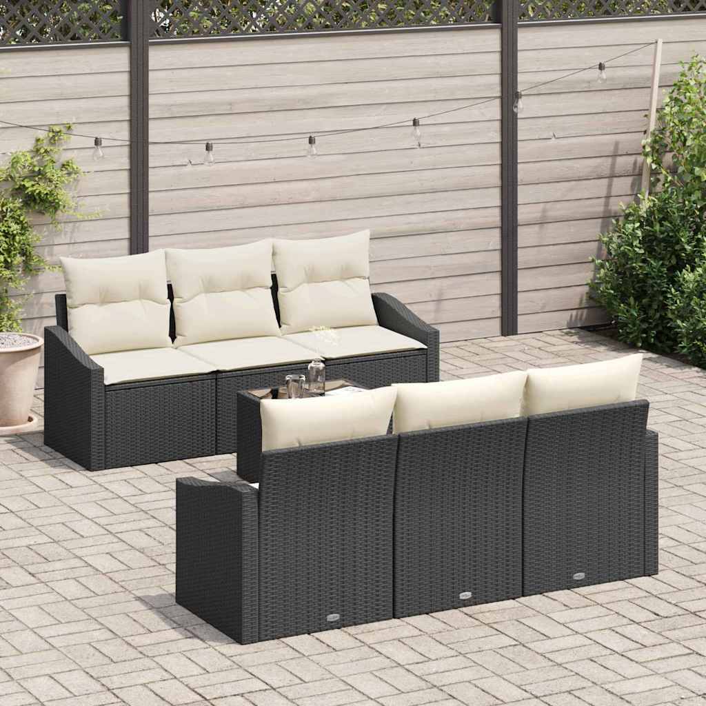 Sofa Set mit Kissen 7 pcs Schwarz und Creme Poly Rattan
